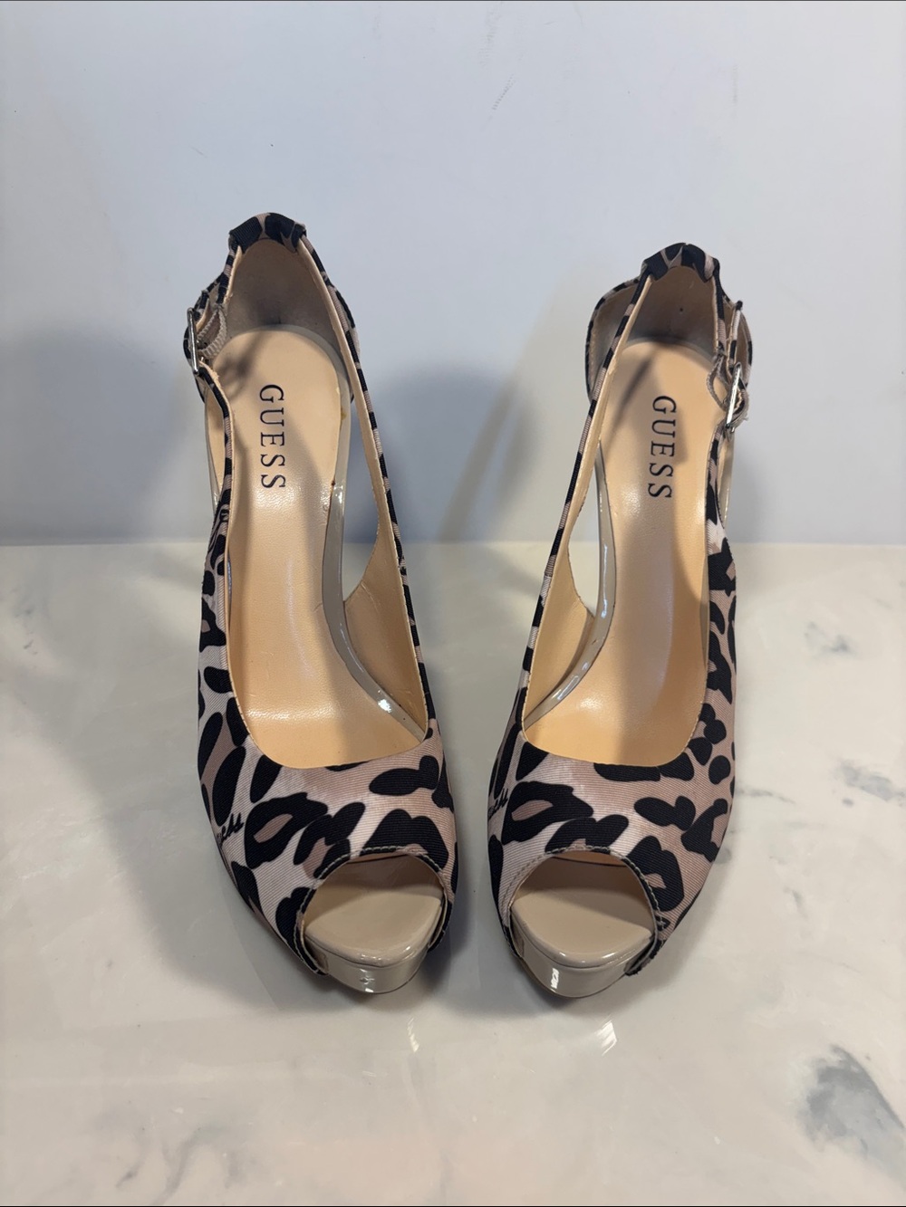 GUESS Leopard Print Peep-Toe Slingback Heels in Beige and Black